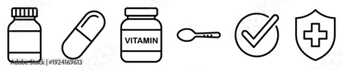 Set of black medical line icons representing healthcare and pharmacy concepts with a pill bottle, capsule, vitamin jar, spoon, checkmark, and shield with a cross symbol