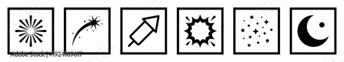 Set of six black celebration icons in square frames featuring a firework, shooting star, rocket, explosion, stars, and a crescent moon in a minimalist graphic style