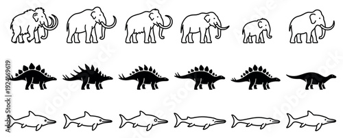 Black and white evolutionary chart illustrations of a mammoth, stegosaurus, and ichthyosaur shown in a sequence of development with a simple, minimalist graphic icon design