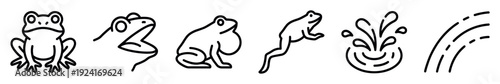 Collection of minimalist black line icons depicting a frog in various actions such as sitting, croaking, jumping, and making a splash in the water in a simple graphic style