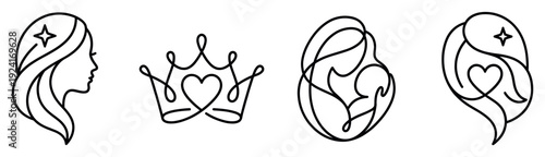 Four black continuous line art logo templates showing a female silhouette, a royal crown with a heart, and abstract symbols of motherhood, love, and care in a simple style