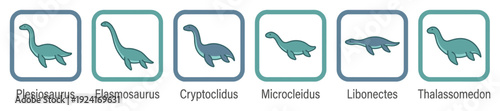 Set of six plesiosaur marine reptile icons showing different species in a cute cartoon style for an educational chart or scientific infographic, presented in a neat row