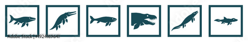 Set of six dark teal prehistoric marine reptile icons showing various ancient species in a minimalist graphic silhouette style presented inside simple rectangular frames