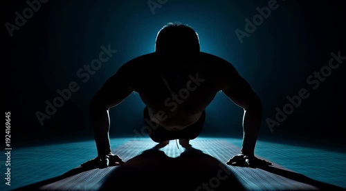Silhouette of a determined man performing push-ups in a dimly lit, atmospheric gym.
