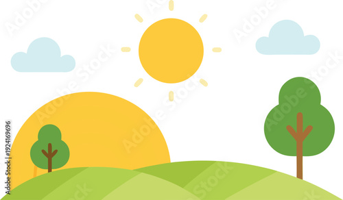 Sunrise over green hills with trees isolated on transparent background, Vector, illustration