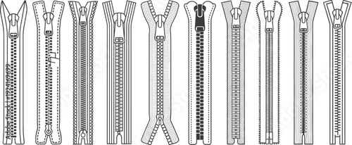 Zipper Set Technical Drawing Illustration, Various Sewing Fastener Types Outline, Vector Apparel Hardware Design Collection