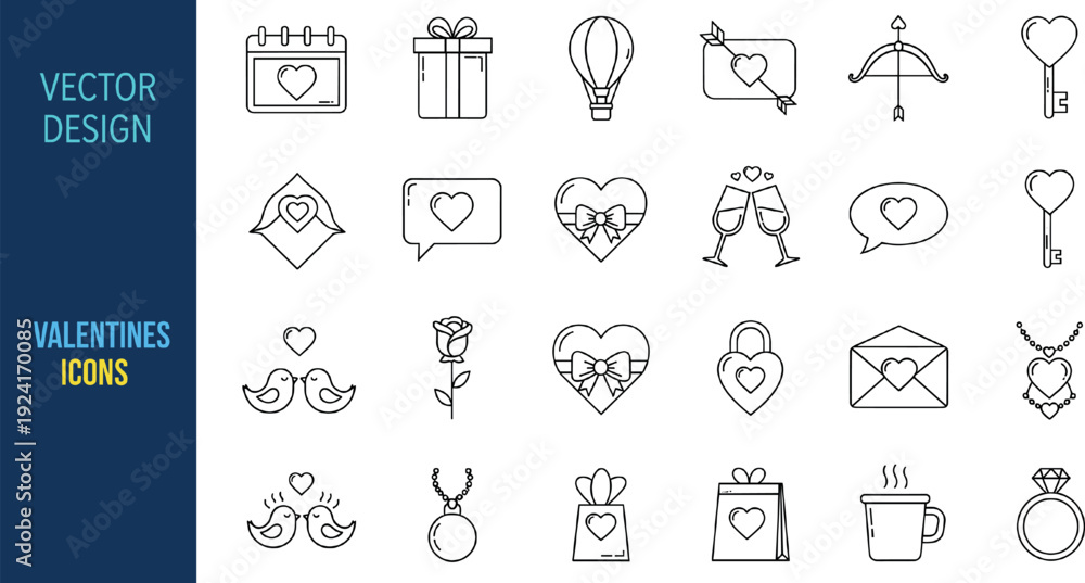 Fototapeta premium Valentines Day Icon Set with Love, Heart, Gift, Romance, Wedding, and Celebration Symbols for Holiday Vector Design