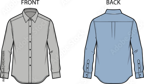 Men Long Sleeve Button Down Shirt Front and Back View, Detailed Apparel Technical Drawing Vector Illustration Template