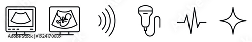 Black line art icons for medical ultrasound technology representing sonography and diagnostics with a fetus scan, monitor, transducer probe, sound waves, and a heartbeat symbol