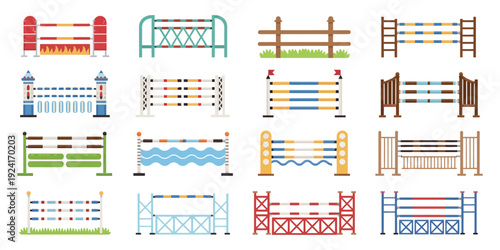 Equestrian Show Jumping Obstacles Set, Rails and Brick Wall Columns, Vector Flat Illustration of Horse Riding Equipment for Sport Competition, Training, and Performance