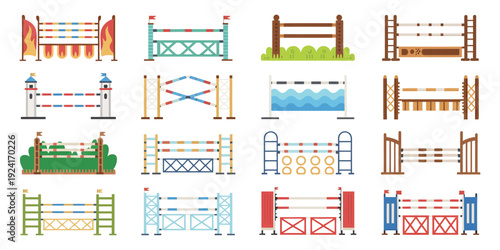 Equestrian Show Jumping Obstacles Set, Rails and Brick Wall Columns, Vector Flat Illustration of Horse Riding Equipment for Sport Competition, Training, and Performance