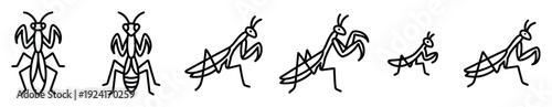 Set of six praying mantis insect icons shown in various poses and angles, including front and side views, rendered in a simple black and white line art doodle style