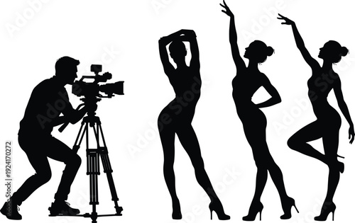 Video shoot silhouette illustration, cameraman filming three posing women, tripod camera operator vector artwork, artistic expression, fashion modeling, performance photography concept.