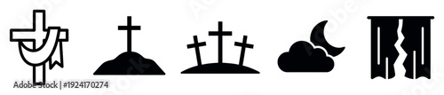 Set of black Christian religious icons depicting the crucifixion and resurrection story, including three crosses on a hill, a torn veil, and a crescent moon in a minimalist style