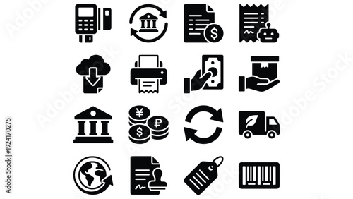 Set of 16 Black E-commerce and Business Finance Icons Vector