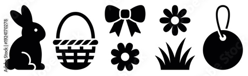 Set of black Easter holiday icons featuring a bunny, basket, bow, flowers, grass, and tag in a simple, flat, graphic silhouette style for seasonal spring celebrations
