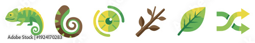 Set of six flat design icons showing a green chameleon, a curled tail, an abstract eye, a branch, a leaf, and shuffle arrows representing adaptation and nature