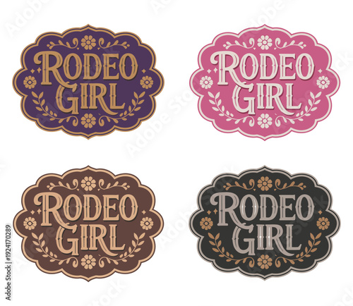 Girl Rodeo Ornate American Classic Old West Style Medal Typographic Emblem
Ornate girl rodeo medal featuring American classic old west style typographic emblem, vintage western label design vector wit