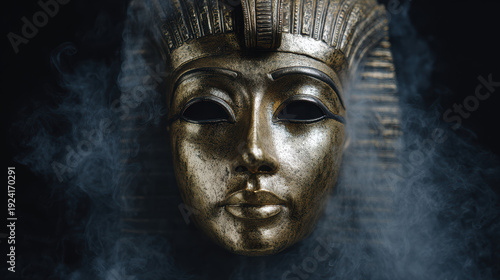 Mysterious gold mask of an ancient Egyptian pharaoh emerges from dark smoke on black background. powerful symbol of history, royalty, and afterlife