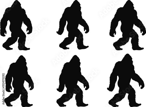Set of Bigfoot silhouettes walking in different poses, collection of Sasquatch monster figures isolated on white background, mythical creature and legend concept