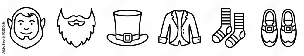 Obraz premium Set of black line art icons for a leprechaun costume including a face, beard, top hat, jacket, socks, and shoes for a St. Patrick's Day celebration, drawn in a simple minimalist style