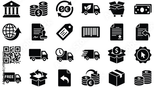 Set of 24 E-commerce and Logistics Black Vector Icons