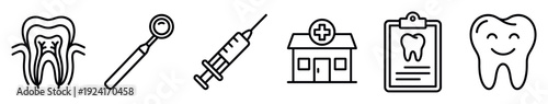 Set of black line art dentistry icons representing oral healthcare, including a tooth anatomy diagram, mirror, syringe, clinic building, medical chart, and a healthy tooth