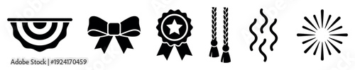 Collection of black celebration icons including a bunting, bow, award ribbon, tassels, steam, and firework burst in a simple minimalist glyph style for festive design