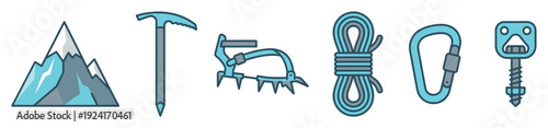 Set of mountain climbing equipment icons including a snowy peak, ice axe, crampon, rope, carabiner, and ice screw in a flat line art style for adventure concepts