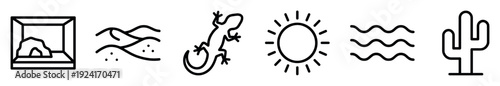 Set of black line icons representing a desert theme with a terrarium, sand dunes, lizard, sun, heat waves, and a saguaro cactus in a minimalist vector style