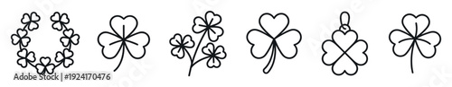 Set of black line art clover icons showing various shamrock designs, including a wreath, a four-leaf clover, and single sprigs, in a minimalist hand-drawn vector style