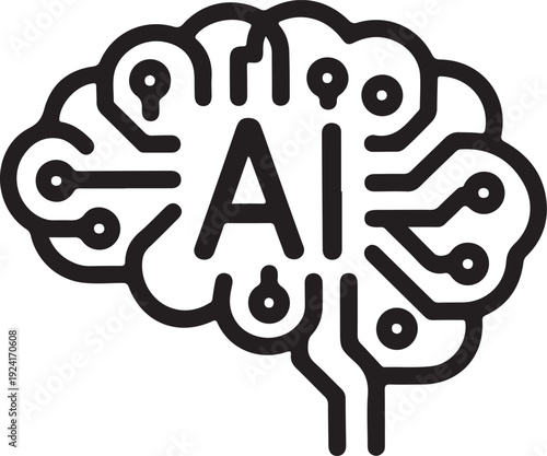A simplified black and white icon represents an artificial intelligence brain with circuit board connections