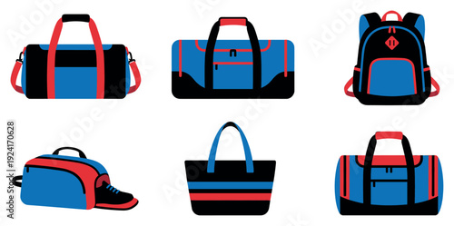 Collection of various sports bags including a duffel, backpack, and tote, illustrated in a flat graphic style with a blue, red, and black color palette for fitness or travel