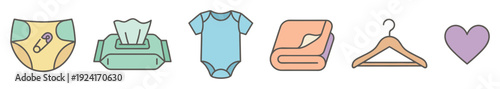 Set of colorful baby care icons featuring a diaper, wet wipes, a bodysuit, a blanket, a hanger, and a heart in a simple line art style