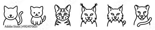 Set of six cat icons showing different breeds and species in a simple black line art style, including a kitten, tabby, lynx, and panther for a clean graphic design