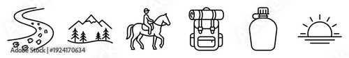 Six minimalist black outline icons representing outdoor adventure, showing a mountain landscape, equestrian, hiking backpack, water flask, trail, and sunrise