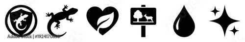 Six black minimalist graphic icons in a row featuring a lizard emblem, gecko silhouette, eco heart, wildlife sign, liquid droplet, and a clean sparkle symbol for various concepts