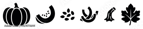 Set of black pumpkin silhouette icons showing the whole fruit, a slice with seeds, peel, stem, and a leaf in a minimalist graphic style for autumn concepts