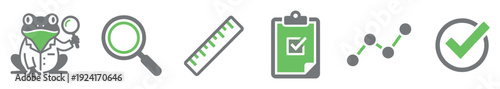 Green and grey flat vector icon set featuring a frog scientist with a magnifying glass, ruler, clipboard checklist, line graph, and checkmark for science and quality control
