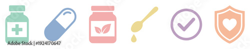 Set of colorful flat medical and health icons including a pill bottle, capsule, herbal supplement jar, liquid medicine spoon, checkmark, and a heart shield symbol