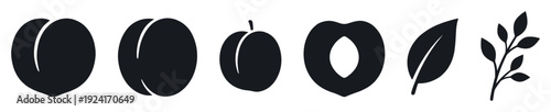 Set of black plum fruit icons showing the whole fruit, a half with a seed, a single leaf, and a small branch in a minimalist graphic silhouette style for design elements