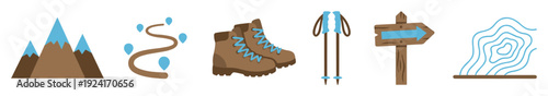 Set of hiking and trekking icons featuring mountains, a trail, boots, poles, a signpost, and a topographic map in a flat, minimalist vector illustration style