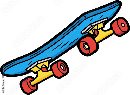 Blue Skateboard with Red Wheels and Yellow Trucks.