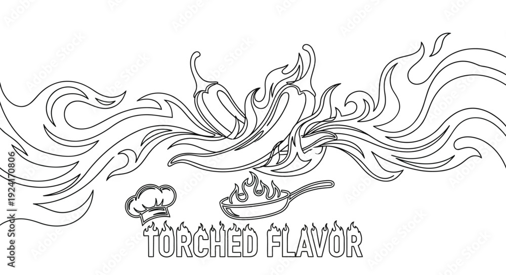 Fototapeta premium Torched Flavor Hot Chili Pepper and Frying Pan Logo. Stylized Fire Flames.