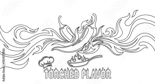 Torched Flavor Hot Chili Pepper and Frying Pan Logo. Continuous Line Art Vector of Spicy Food Cooking. Stylized Fire Flames.