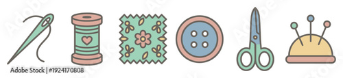Set of six sewing supply icons including a needle, thread, fabric, button, scissors, and pincushion in a cute, pastel-colored line art illustration style for crafting