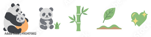Set of cute panda illustrations and nature icons featuring a mother hugging her cub, a baby bear, bamboo stalk, leaf, and a sparkling green heart in a flat minimalist style