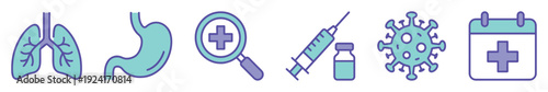 Set of medical and healthcare icons including lungs, stomach, virus, vaccine, and an appointment calendar, rendered in a simple two-color line art illustration style