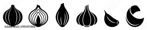 Set of black vegetable icons showing whole onion, halved onion, shallot, garlic bulb, and clove in a minimalist graphic silhouette style for culinary or food design