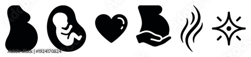 Set of black solid glyph icons representing pregnancy, maternity, childbirth, and newborn care concepts in a minimalist, symbolic style for graphic design